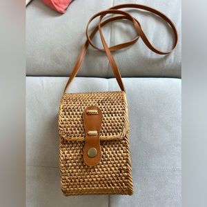 Rattan crossbody small phone bag with button closure